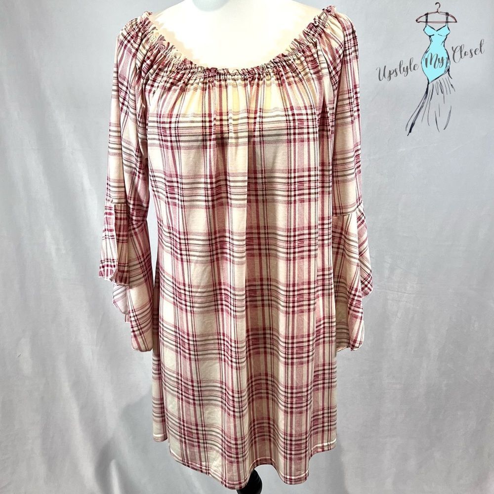 Long bell sleeve on or off shoulder ivory and pink plaid tunic top size L/XL